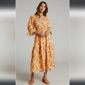 Charlie Holiday Amber Seventies Floral Print Smocked Puff Sleeve Midi Dress